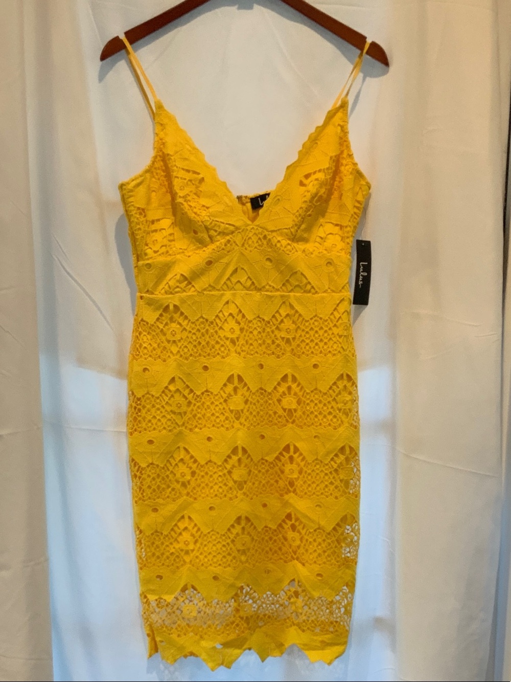 Lulu's Yellow Lace Midi Dress with Spaghetti Straps